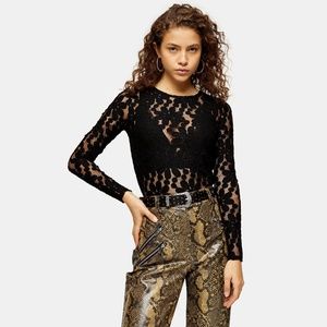 Topshop PETITE Daisy Print Lace Long Sleeve Top